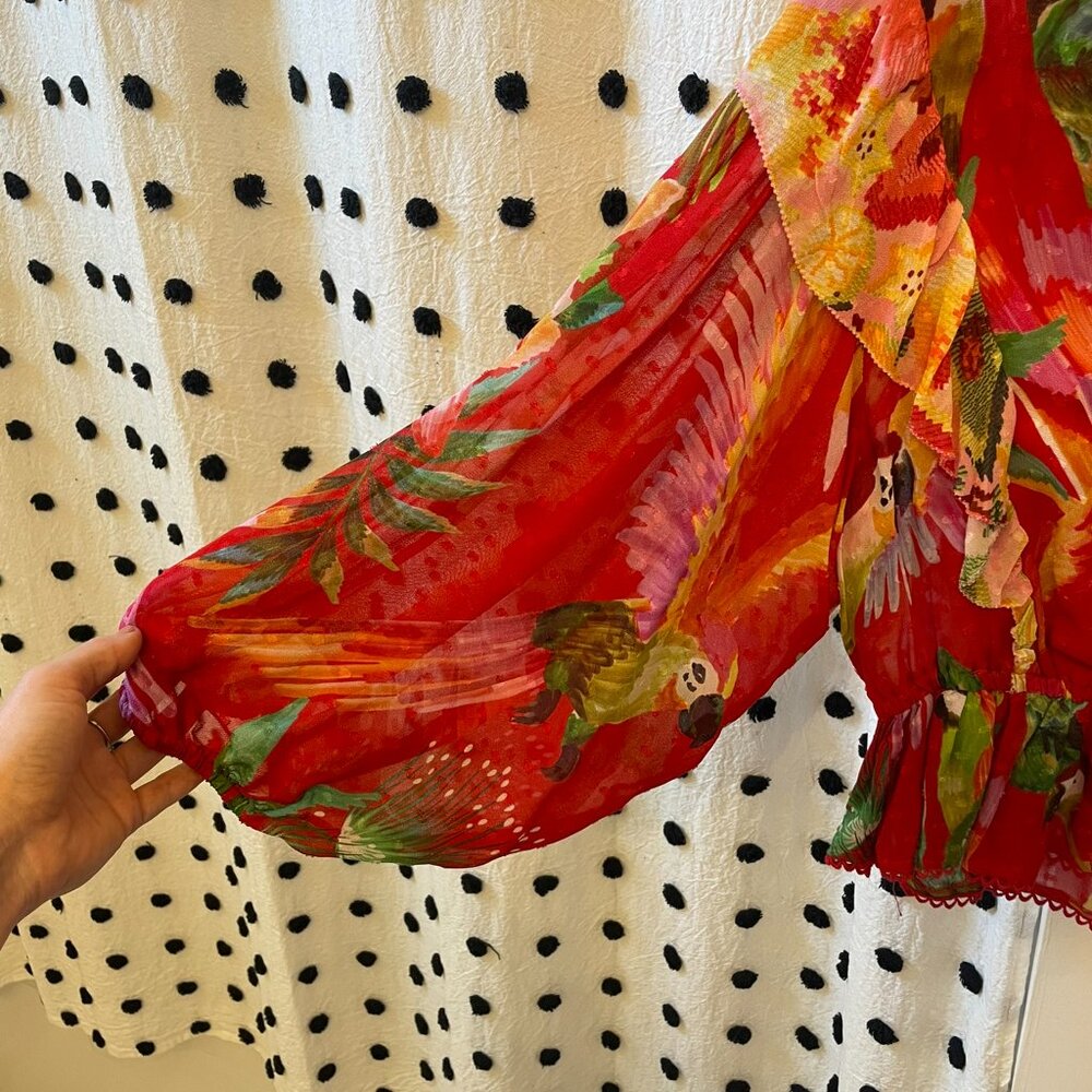 FARM Rio Red Tropical Ruffled V-Neck Blouse - Picture 8 of 11